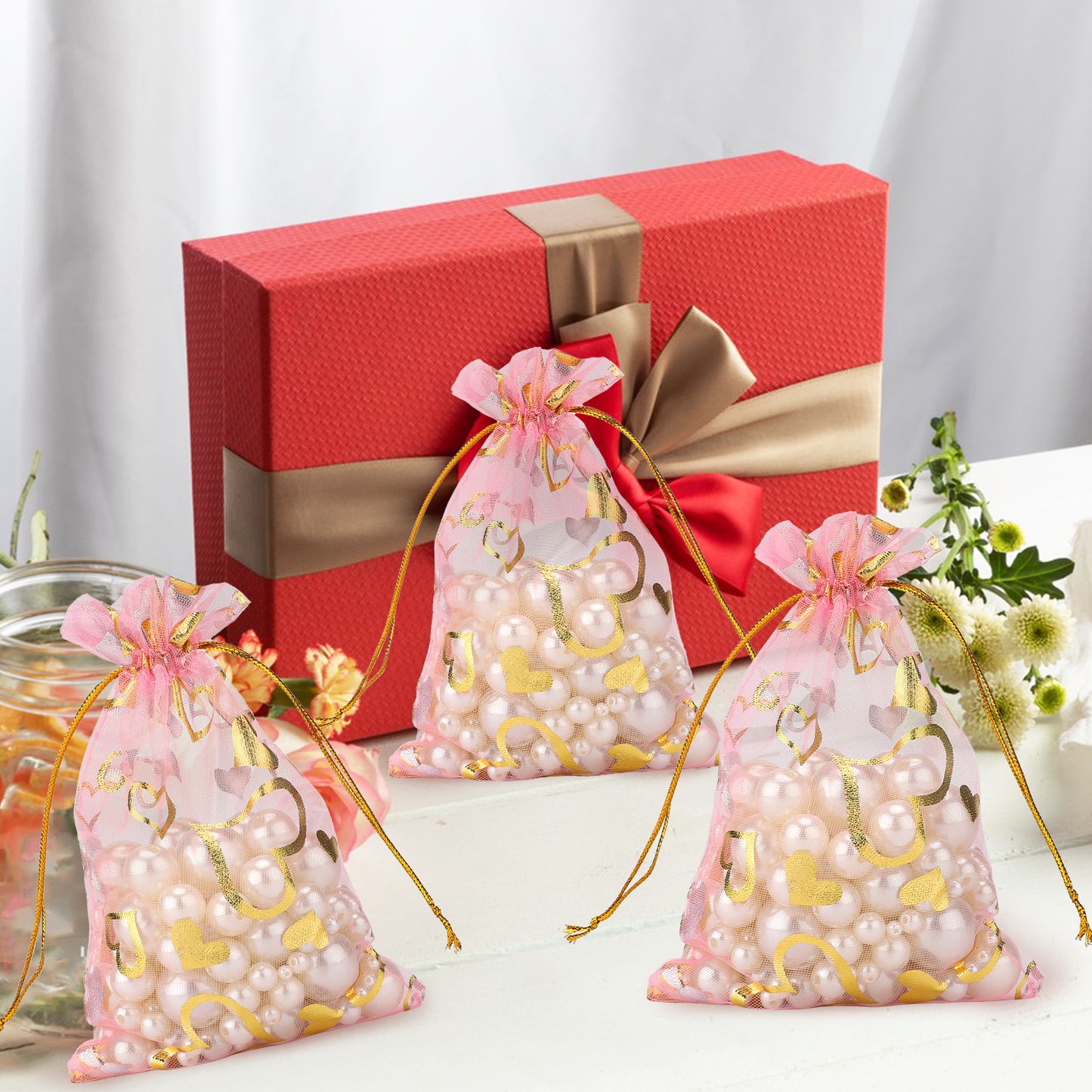 G2PLUS Heart Organza Bags, 4''x6'' Organza Gift Bags, 50PCS Drawstring Sheer Organza Gift Bags, Organza Mesh Jewelry Pouches, Candy Bags for Easter, Mother's Day, Wedding Party Favors (Pink Gold) Visit the G2PLUS Store