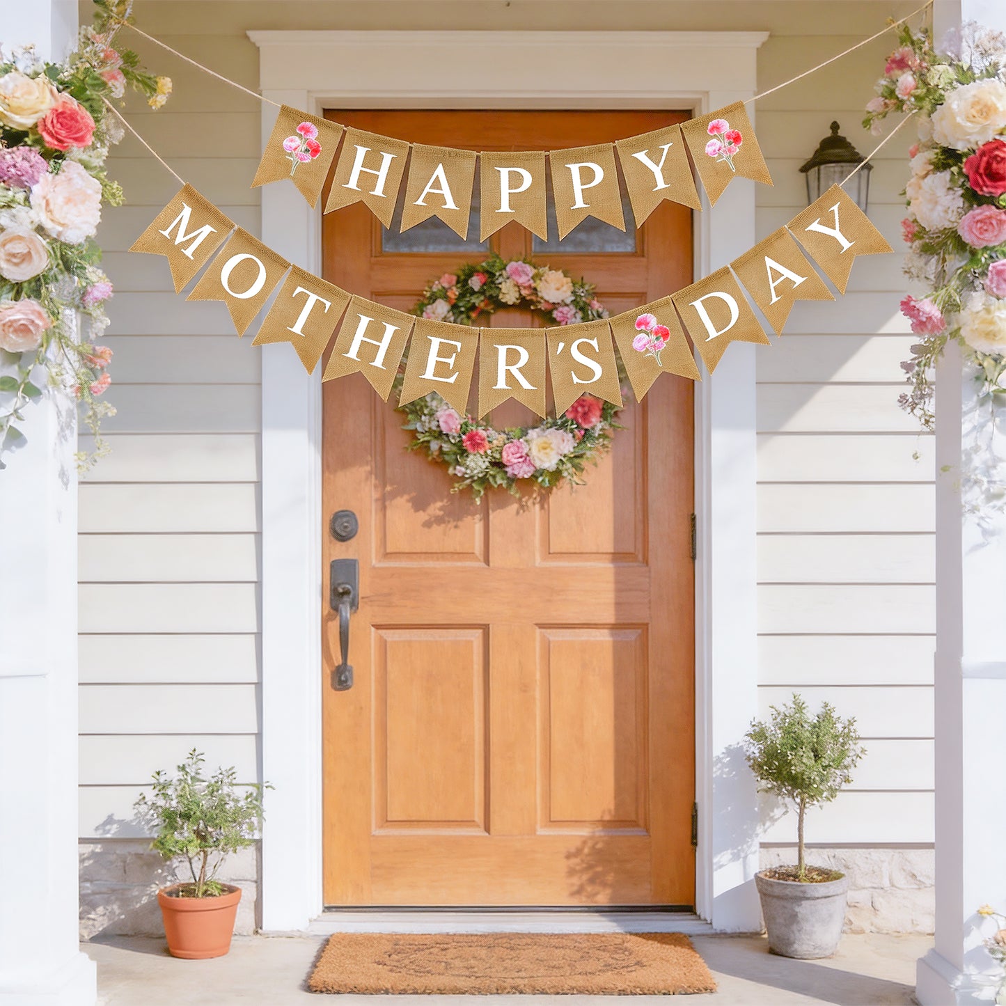 G2PLUS Happy Mother's Day Banner, Pre-strung Mothers Day Decorations Burlap Banner Garland with Carnation, Rustic Mothers Day Party Bunting Decor for Home Wall Photo Backdrop Indoor Outdoor