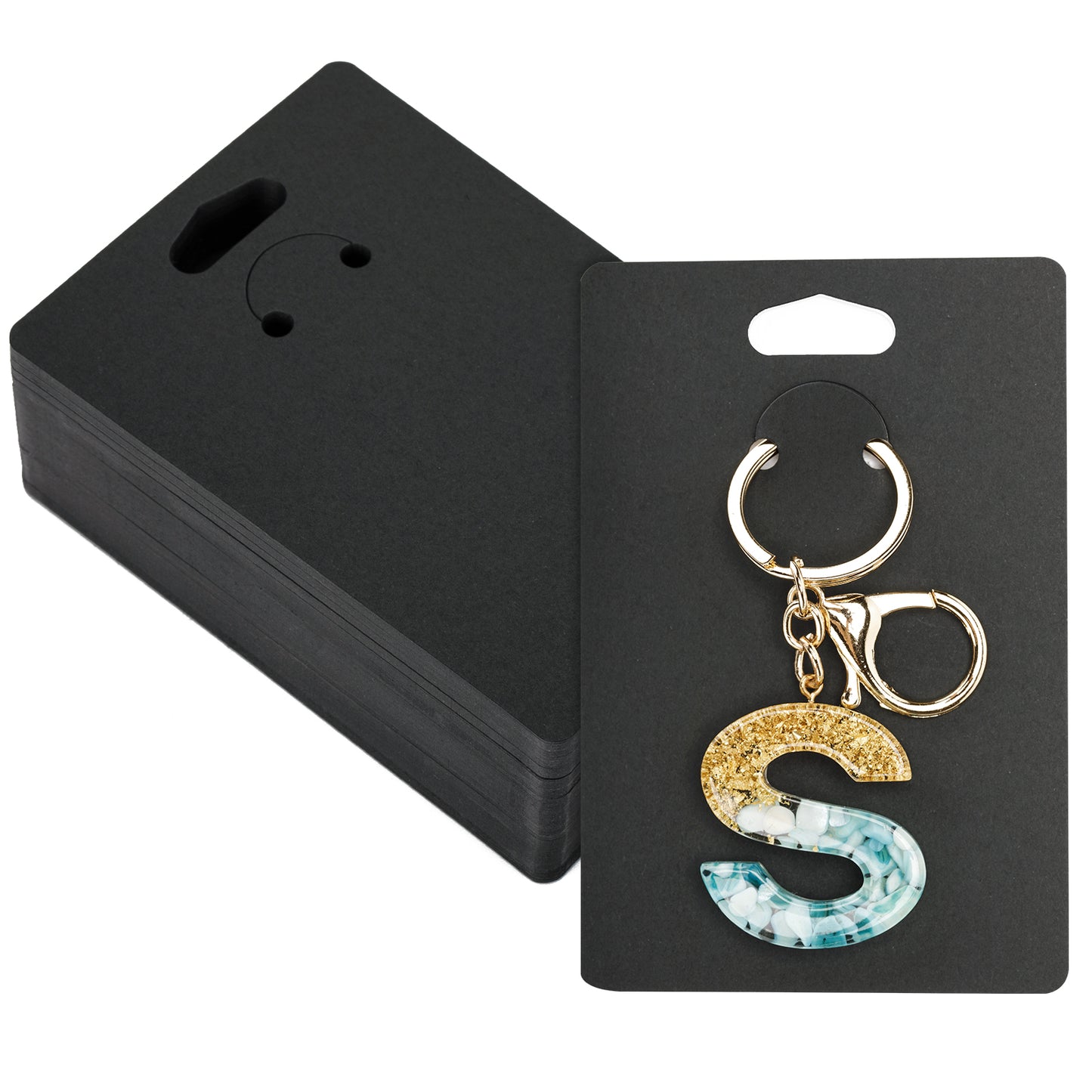 G2PLUS 100PCS Keyrings Display Cards - 8x12CM Black Keychain Displays Card - Blank Necklaces Display Card Holders for Handmade Jewelry Display