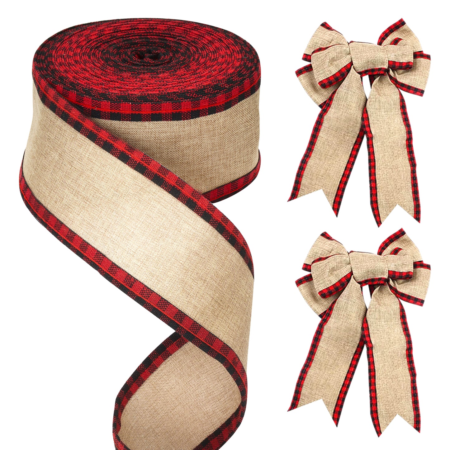 G2PLUS 63mm Wired Burlap Ribbon, 10M Plaid Burlap Ribbon, Natural Red Gingham Ribbon, Christmas Buffalo Plaid Ribbons, Craft Checked Ribbon for Bows and Christmas Wreaths Project