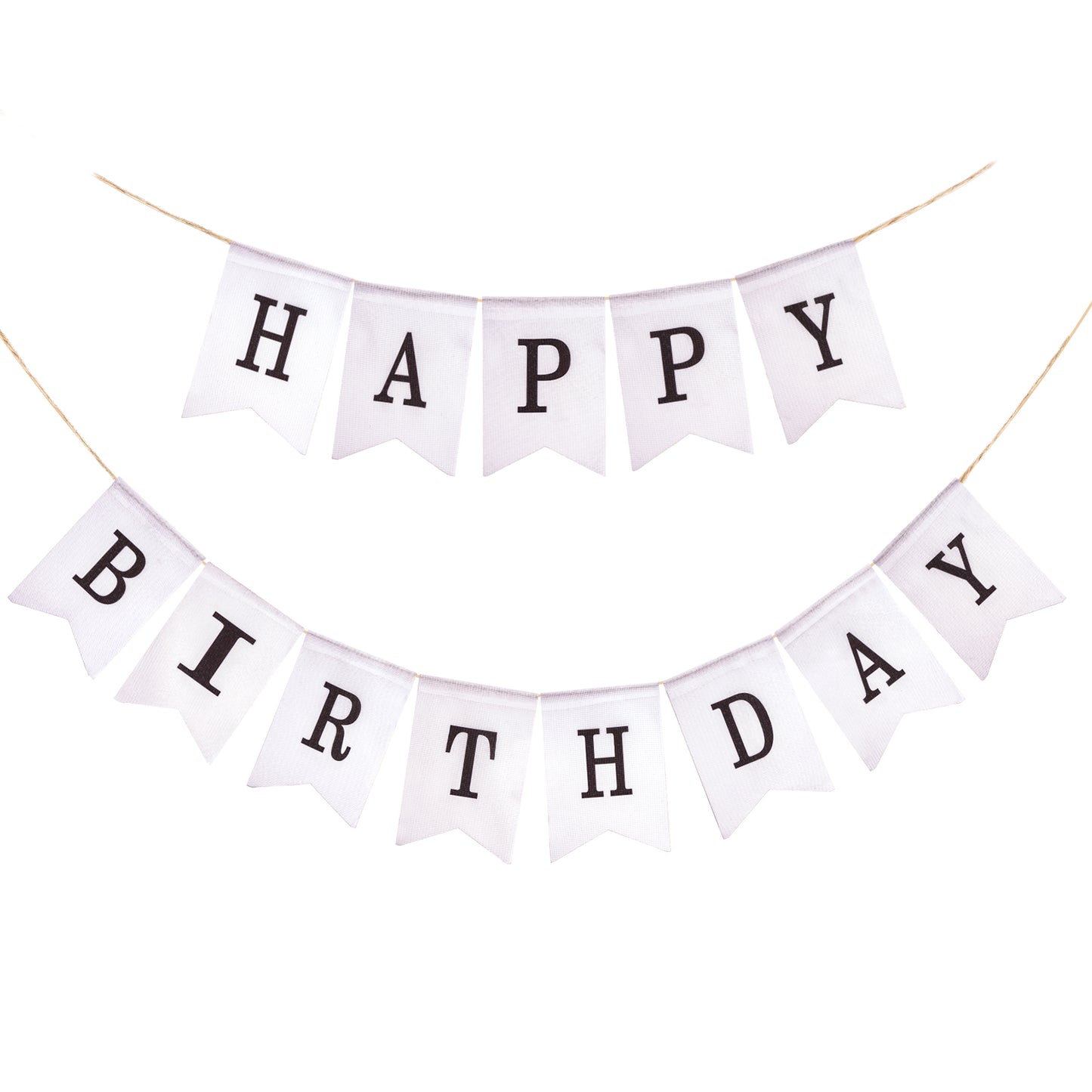 G2PLUS HAPPY BIRTHDAY Burlap Bunting Banner, Pre-strung Hessian Birthday Bunting Banner, Reusable Triangle Burlap Birthday Banner, White Birthday Banner with Black Letters for Birthday Party