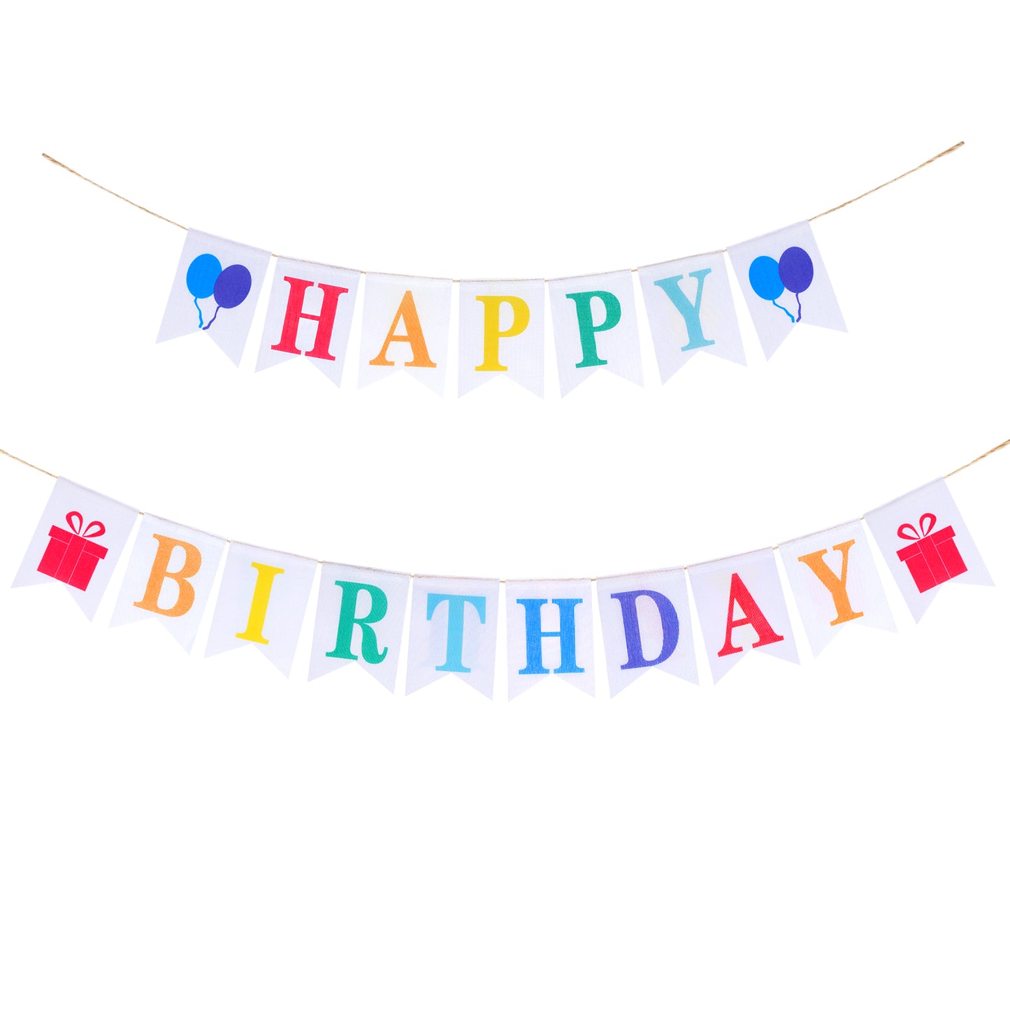 G2PLUS HAPPY BIRTHDAY Burlap Bunting Banner, Pre-strung Hessian Birthday Bunting Banner, Reusable Pentagon Burlap Birthday Banner,White Birthday Banner with Colorful Letters for Birthday Party