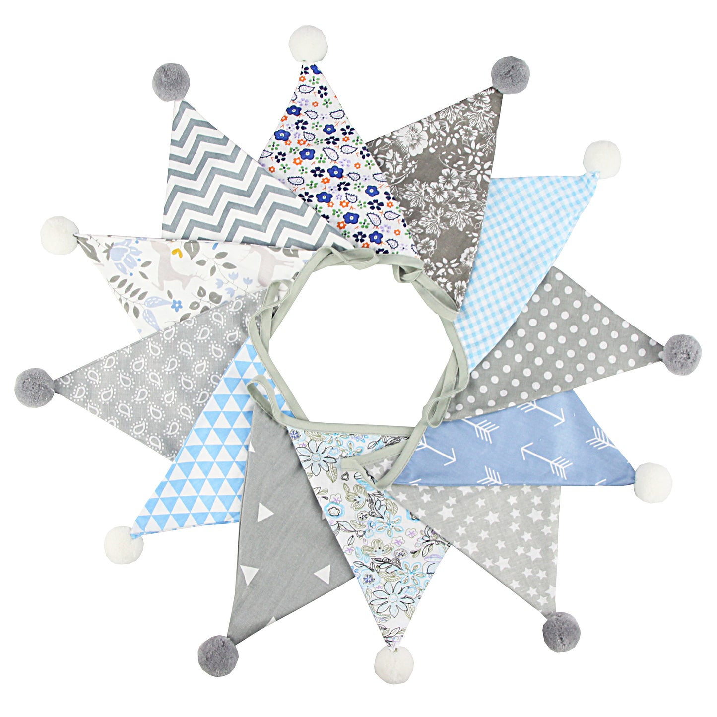 G2PLUS 4M Fabric Bunting Banner with Poms -12PCS Double Sided Cotton Pennants - 17x19CM Floral Triangle Garlands for Birthday Parties Ceremonies Kitchen Bedrooms Decoration-Grey and Blue