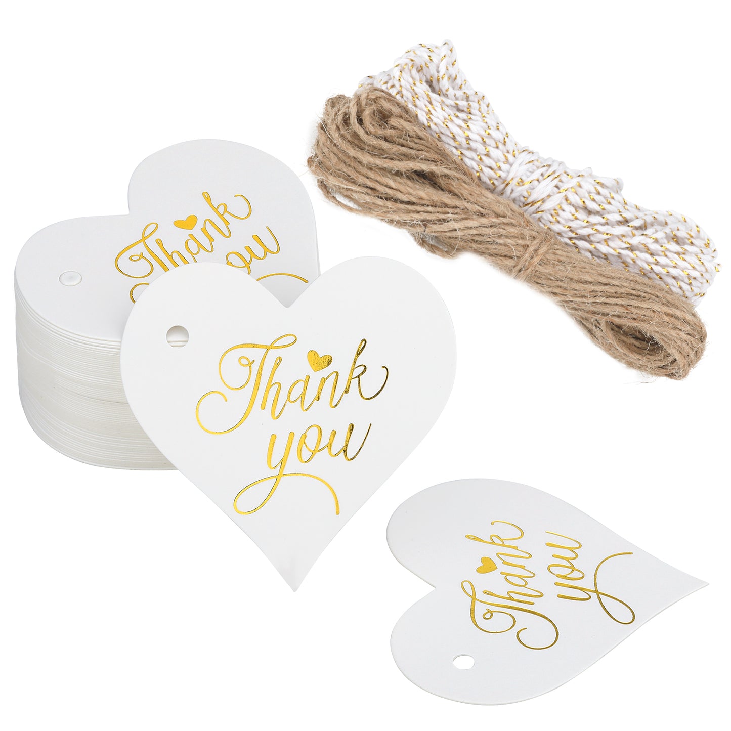 G2PLUS 100PCS Heart Thank You Gift Tags with String, White High-end Hang Gift Tags, 300g/m² Personalised Thank You Tags for Gifts Wrapping, Craft Project, DIY Wedding Favors