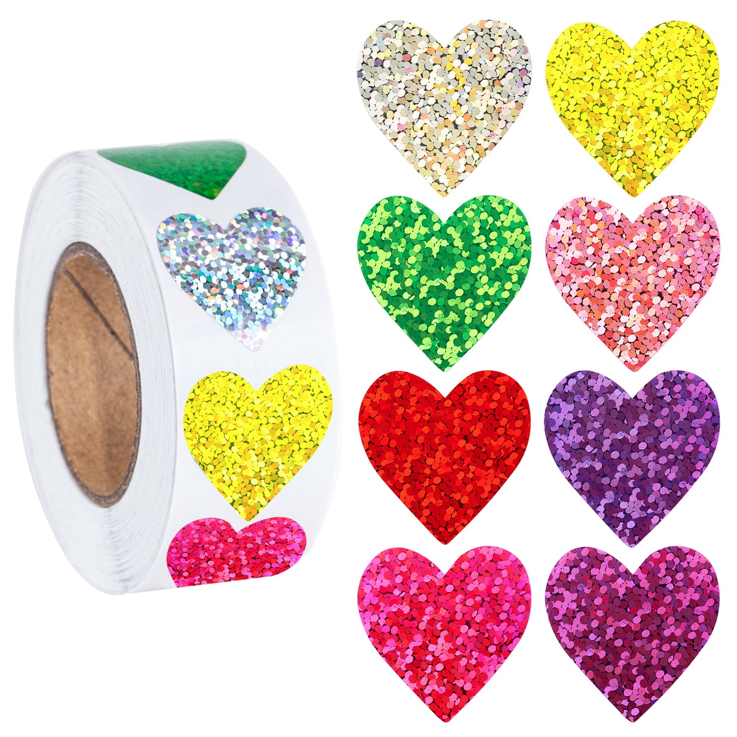 G2PLUS 500Pcs Self Adhesive Shiny Reward Stickers - 2.5CM Waterproof Holographic Heart Stickers - Colorful Sparkly Stickers in 8 Colors - Children Reward Stickers for Crafts and Activities