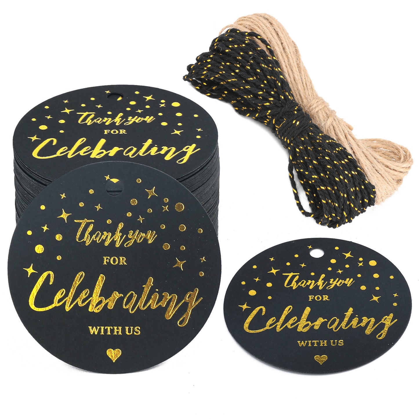 G2PLUS 50PCS Thank You for Celebrating with us Tags, Wedding Favor Tags with String, 5CM Black Gold Thank You Tags for Baby Shower, Wedding Favor Party Decor