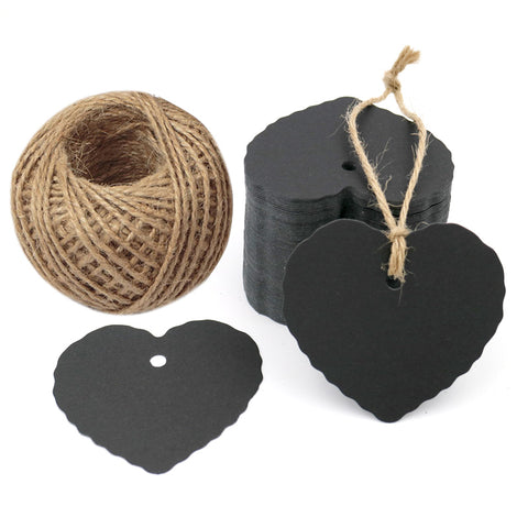 Valentine's Day Kraft Gift Tags 100 PCS Blank Label 5.5 cm * 6 cm Paper Wedding Labels Brown Hang Tag with 30 Meters Jute Twine - Heart-Shaped (Black) - G2plus