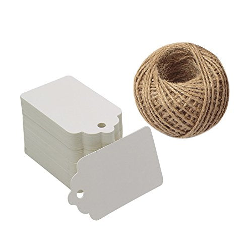 White Gift Tags,100PCS Paper Tags with 100 Feet Jute String for Arts and Crafts, Wedding Christmas Day Thanksgiving,7 cm X 4 cm - G2plus