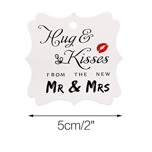 Original Design Wedding Favor Gift Tags, 100 PCS White Square Tags with 100 Feet Natural Jute Twine Perfect for Bridal Baby Shower Anniversary- Hug & Kisses from the New Mr & Mrs - G2plus