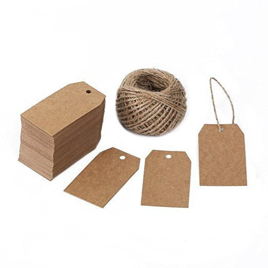 100 PCS Kraft Gift Tags 2.7’’x 1.5’’ Brown Craft Tags with String Blank Hang Tags with 100 Feet Jute Twine - G2plus