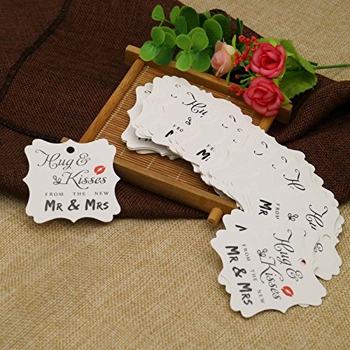 Original Design Wedding Favor Gift Tags, 100 PCS White Square Tags with 100 Feet Natural Jute Twine Perfect for Bridal Baby Shower Anniversary- Hug & Kisses from the New Mr & Mrs - G2plus