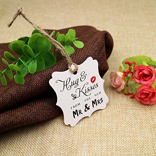 Original Design Wedding Favor Gift Tags, 100 PCS White Square Tags with 100 Feet Natural Jute Twine Perfect for Bridal Baby Shower Anniversary- Hug & Kisses from the New Mr & Mrs - G2plus