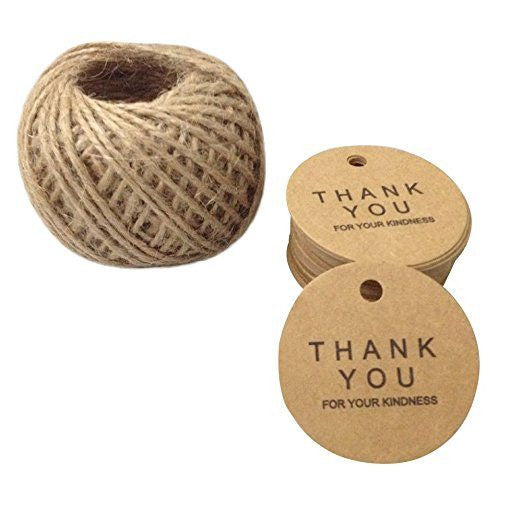 Thank You Tags, G2PLUS 100 PCS Kraft Paper Hang Tags, Bonbonniere Thank You Gift Tags with 100 Feet Jute Twine, ‘Thank You For Your Kindness’ Printed Craft Tags - G2plus