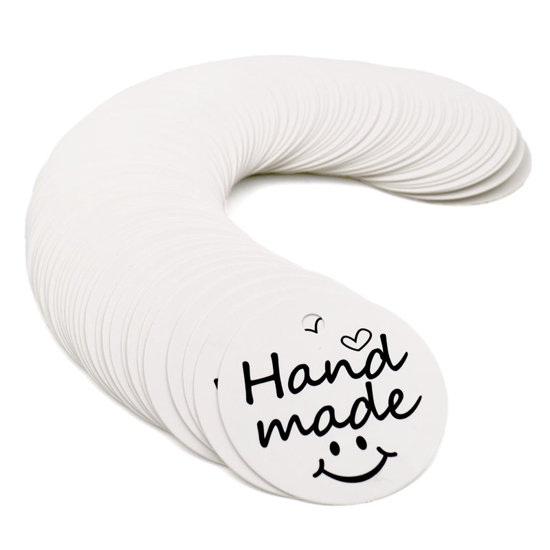 100 PCS"Hand Made" Small Label, 5 cm * 5 cm Kraft Gift Tags, Hang Round Tags with 30 Meters Jute Twine (White) - G2plus