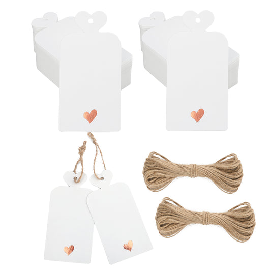 G2PLUS 100PCS White Blank Tags with Heart - Large Paper Gift Favors Labels - 300g/m² Hanging DIY Paper Cards with Sting for Wedding Favour, Baby Shower, Birthday Party,Valentine's Day