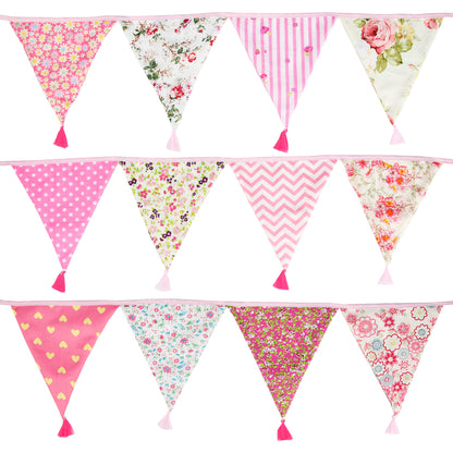G2PLUS 10.8Ft Cotton Triangle Bunting Banner – 12pcs Pink Floral Fabric Pennant Flag with Tassels, Double Side Triangle Banner Garland for Weddings, Birthdays, Garden & Baby Showers