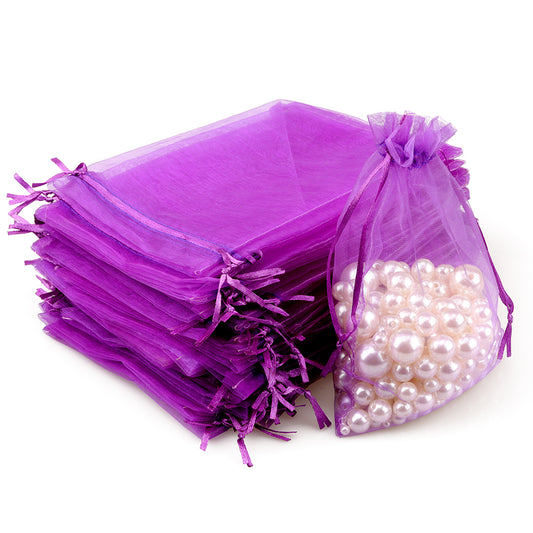 G2PLUS Purple Organza Gift Pouches, 13x18 CM Large Organza Favour Bags, 100 PCS Wedding Jewelry Bags, Clear Mesh Pouches Perfect for Wedding, Christmas, Birthday, Anniversary