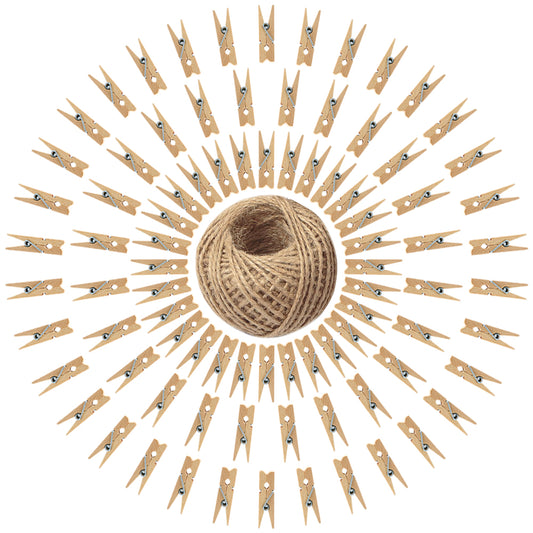 G2PLUS 100PCS Mini Wooden Pegs - 3.5cm Wooden Photo Display Clips - Tiny Wooden Clothes Pegs with 30 M Jute String for Arts and Crafts, Weddings & Events