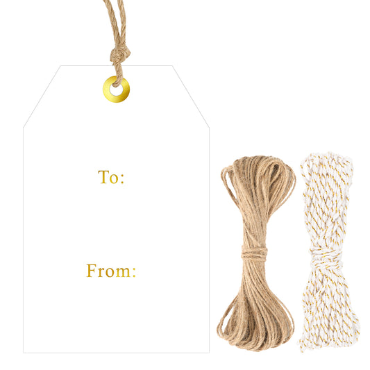 G2PLUS to and from Tags - 100Pcs Gift Tags with String, 3.3x2.2 in White Paper Name Tag, Foil Gold Party Favors Hangtag for Birthday, Wedding, Christmas