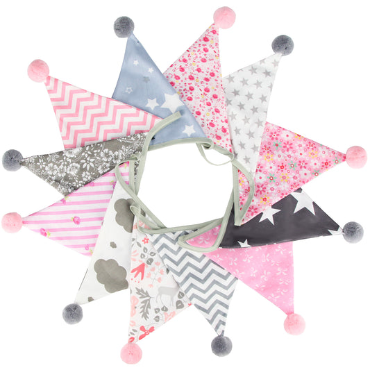 G2PLUS 4M Fabric Bunting Banner with Poms -12PCS Double Sided Cotton Pennants - 17x19CM Floral Triangle Garlands for Birthday Parties Ceremonies Kitchen Bedrooms Decoration-Pink and Grey