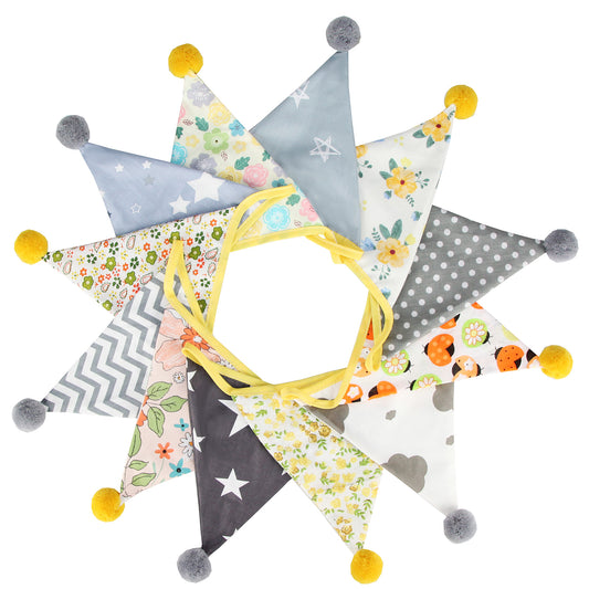 G2PLUS 4M Fabric Bunting Banner with Poms -12PCS Double Sided Cotton Pennants - 17x19CM Floral Triangle Garlands for Birthday Parties Ceremonies Kitchen Bedrooms Decoration-Yellow and Grey