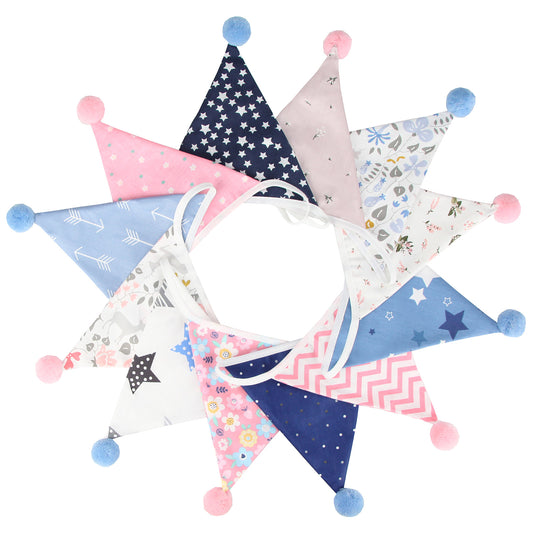 G2PLUS 4M Fabric Bunting Banner with Poms -12PCS Double Sided Cotton Pennants - 17x19CM Floral Triangle Garlands for Birthday Parties Ceremonies Kitchen Bedrooms Decoration-Pink and Blue