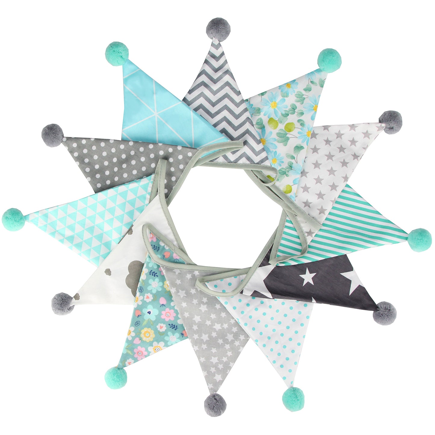 G2PLUS 4M Fabric Bunting Banner with Poms -12PCS Double Sided Cotton Pennants - 17x19CM Floral Triangle Garlands for Birthday Parties Ceremonies Kitchen Bedrooms Decoration-Grey and Mint