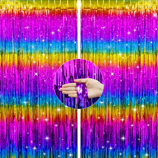 G2PLUS Rainbow Tinsel Curtains, 2PCS Foil Fringe Curtains, 1m×2m Party Backdrop Streamers, Foil Curtain Backdrop for Birthday Wedding Pride Party Door Decoration