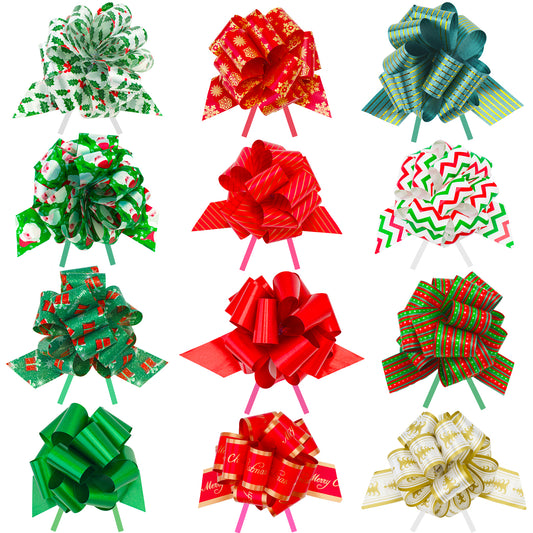 G2PLUS 24PCS Christmas Pull Bows, 5" Wide Large Christmas Ribbon Pull Bows, Gift Pull Bows Ribbon for Xmas Presents Gift Wrapping, Christmas Decoration, Hampers, Christmas Wreaths, Bouquets