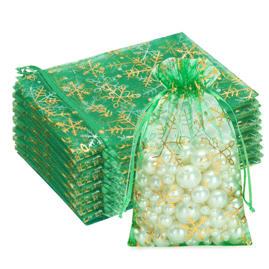 G2PLUS Christmas Drawstring Organza Bags 4x6-50PCS Christmas Snowflake Organza Gift Bags, Green Sheer Mesh Pouches, Xmas Winter Holiday Sheer Mesh Bag for Jewelry, Candy, Goodies