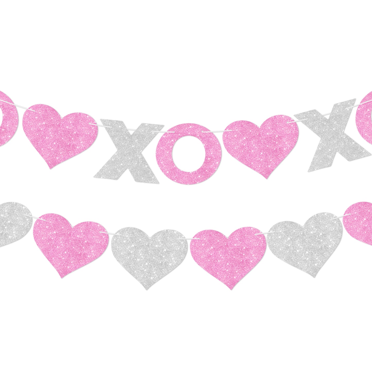 G2PLUS Valentines Day Banner, Glitter Pink Sliver Heart Party Banner, Pre-strung XOXO Paper Bunting Flag Garlands for Valentine’s Day, Anniversary, Birthday, Wedding, Bridal Shower & Photo Backdrop
