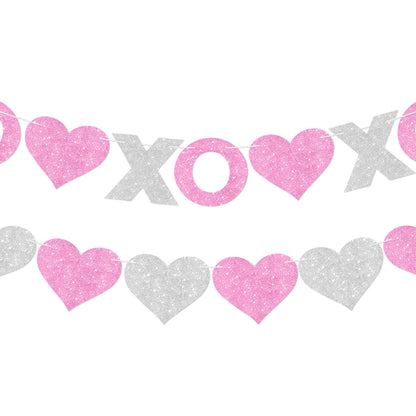 G2PLUS Valentines Day Banner, Glitter Pink Sliver Heart Party Banner, Pre-strung XOXO Paper Bunting Flag Garlands for Valentine’s Day, Anniversary, Birthday, Wedding, Bridal Shower & Photo Backdrop