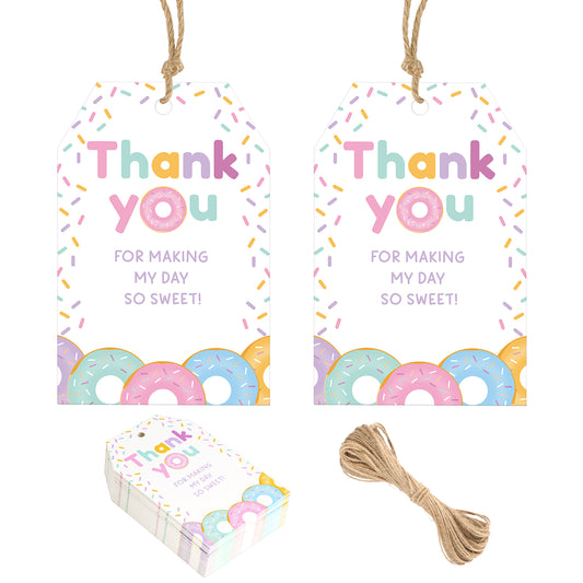G2PLUS Donut Thank You Tags, 50PCS Donut Tags, Sweet Day Gift Tags, Thank You for Making My Day So Sweet Tags, Thank You Paper Gift Tags with String for Baby Shower, Birthday, Wedding Party Favors