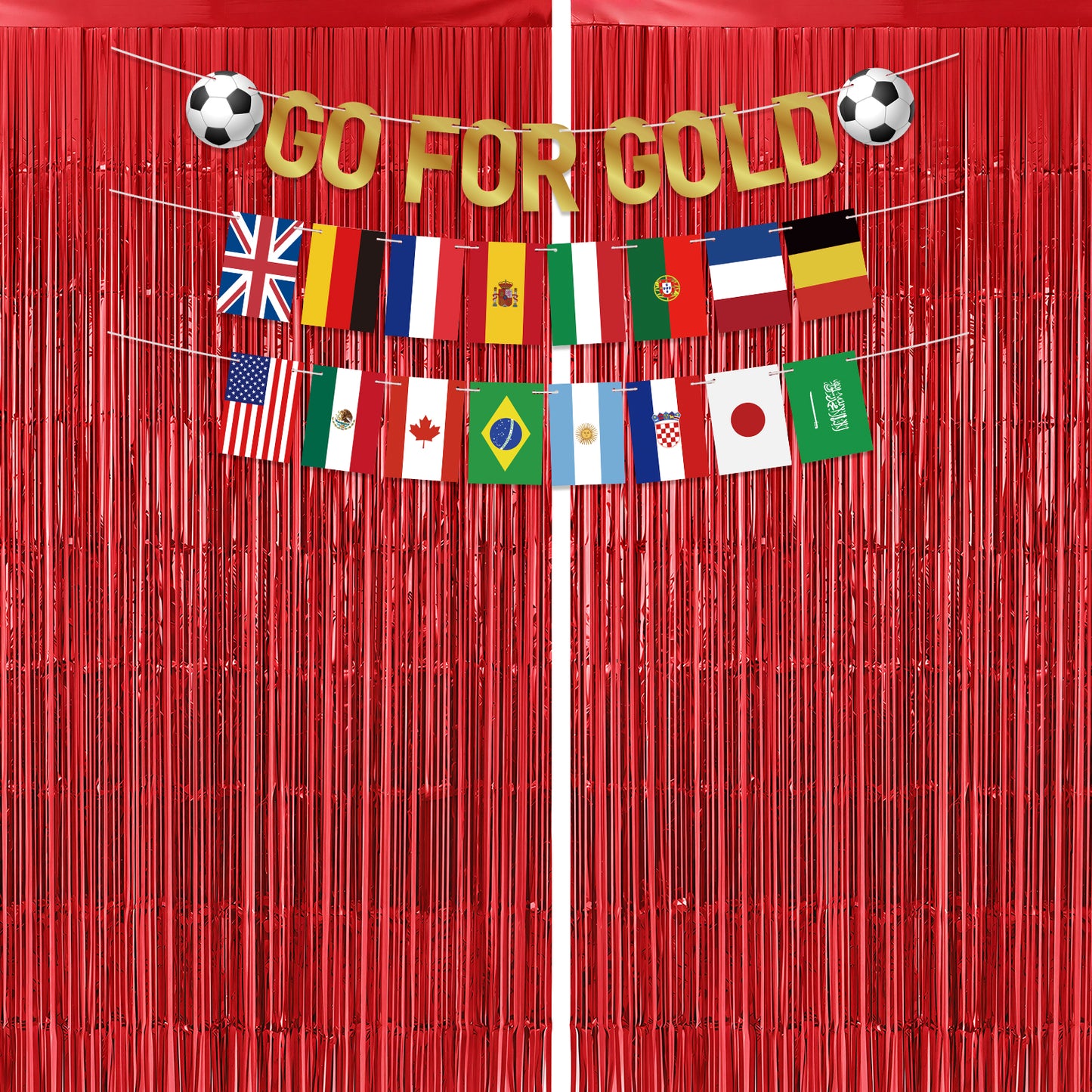 G2PLUS Party Decorations Set for World Cup Football 2026: Pre-strung Go For Gold Banner, 2PCS Flag Bunting with 2PCS Red Tinsel Fringe Curtains for Home, Bar and Garden Viewing Parties