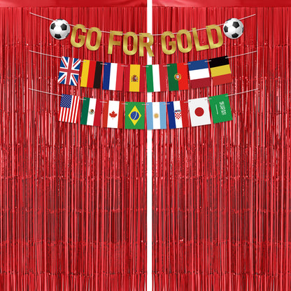 G2PLUS Party Decorations Set for World Cup Football 2026: Pre-strung Go For Gold Banner, 2PCS Flag Bunting with 2PCS Red Tinsel Fringe Curtains for Home, Bar and Garden Viewing Parties