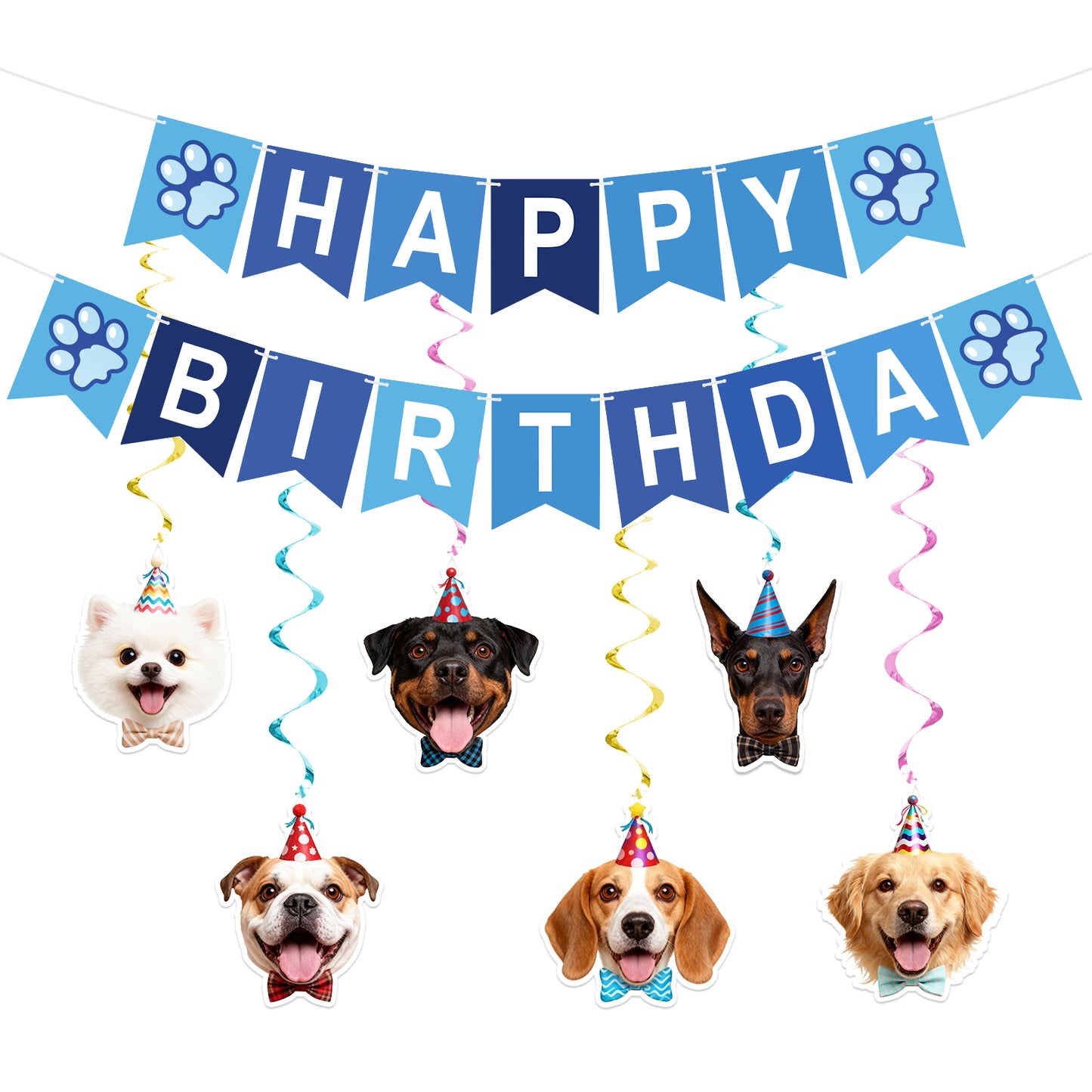 G2PLUS Pre-Strung Dog Birthday Decorations with 6PCS Hanging Swirl, Blue Dog Birthday Banner, Puppy Party Banner for Wall Backdrop Decoration