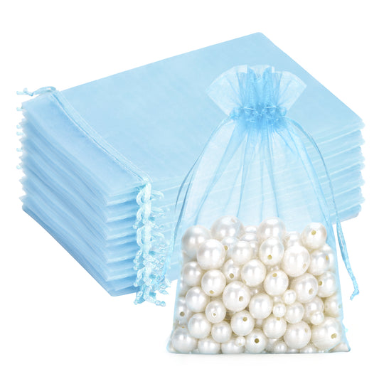 G2PLUS 25PCS Blue Organza Bags 5x7 inches - Sheer Mesh Jewelry Pouches, Baby Blue Organza Gift Bags with Drawstring for Candy, Jewelry, Wedding Party Favors