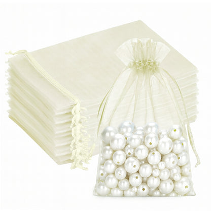 G2PLUS 25PCS Drawstring Organza Bags 5x7 inches - Ivory Organza Gift Bags, Sheer Mesh Pouches for Candy, Jewelry, Baby Shower, Wedding Party Favors