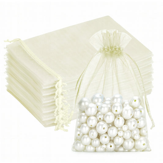 G2PLUS 25PCS Drawstring Organza Bags 5x7 inches - Ivory Organza Gift Bags, Sheer Mesh Pouches for Candy, Jewelry, Baby Shower, Wedding Party Favors