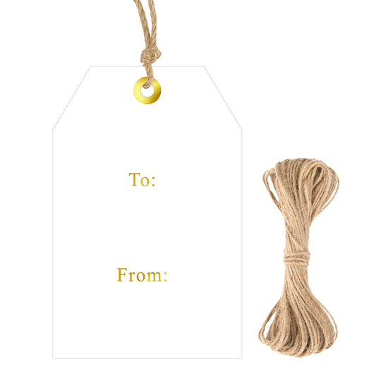 G2PLUS to and from Tags - 50Pcs Gift Tags with String, 3.3x2.2 in White Paper Name Tag, Foil Gold Party Favors Hangtag for Birthday, Wedding, Christmas