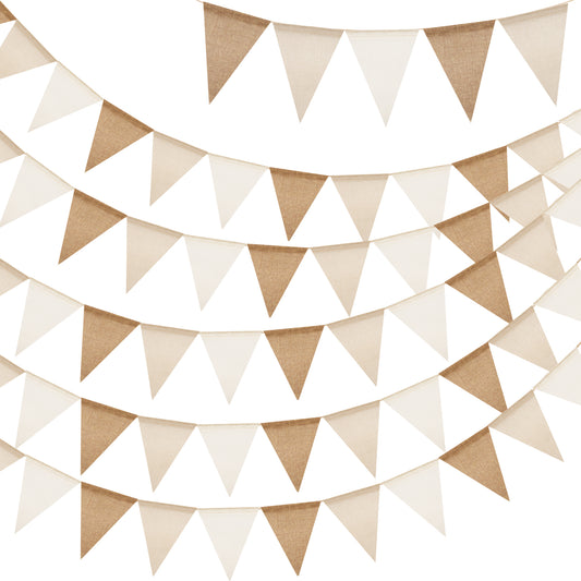 G2PLUS Pre-Strung Burlap Pennant Banner, 65Ft Brown and Beige Triangle Flag Bunting, 60pcs Pennant Banner Bunting Garland for Birthday, Wedding, Camping, Rustic Boho Theme Party Decorations