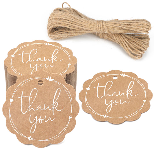 G2PLUS 100PCS Scalloped Thank You Gift Tags with String, Brown High-end Hang Gift Tags, 300g/m² Personalised Thank You Tags for Gifts Wrapping, Craft Project, DIY Wedding Favors