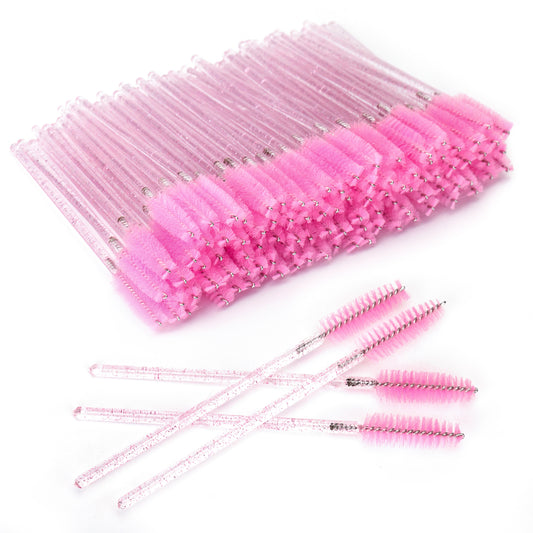 G2PLUS 100 PCS Disposable Eyelash Brushes - Pink Eyelash Spoolies - Crystal Mascara Wands -Eyelash Extension Brush Applicator for Eyelash Extensions