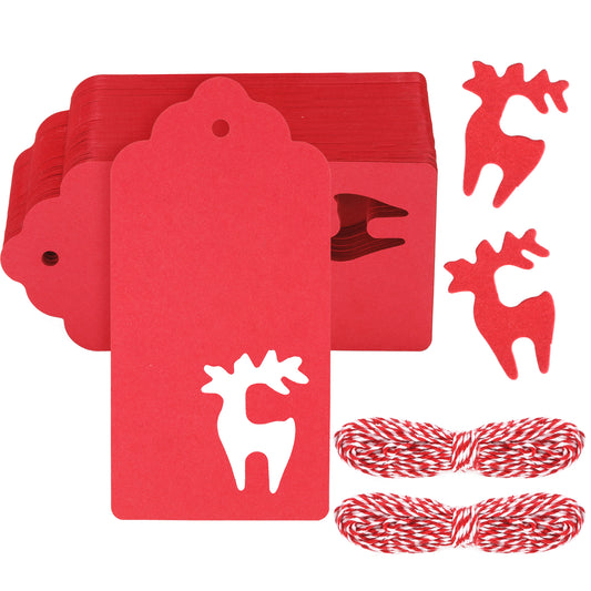 G2PLUS Reindeer Christmas Labels Tags, 100 PCS Red Christmas Tags for Presents, Plain Christmas Labels with String, Xmas Gift Tags for Christmas Presents, Gift Wrapping & Decorating Tree