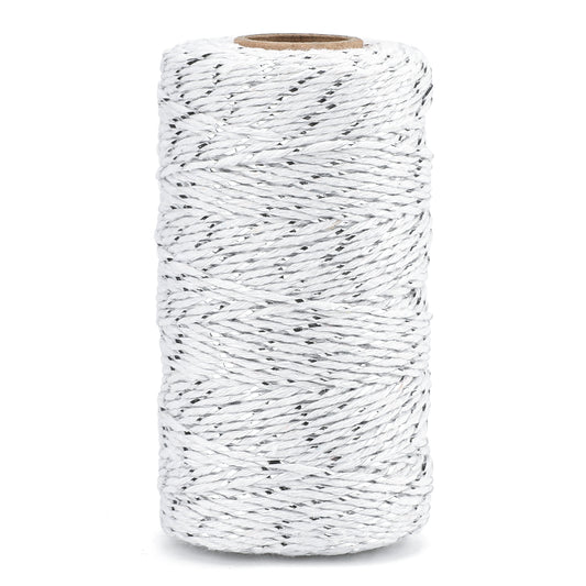 G2PLUS Christmas String for Gift Wrapping, White Cotton Twine with Silver String, 2MM Glitter Gift Wrapping String, 100M Christmas Decorative Bakers Twine for Christmas DIY Gift Decorations