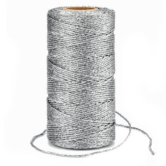 G2PLUS 100M Decorative Metallic String - 1.5mm Silver Twine String - Sparkle Bakers Thread Twine- Jewelry Thread Cord for DIY Crafts Gift Wrapping & Wedding Favors
