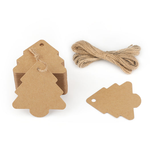 G2PLUS 100 PCS Brown Christmas Tags, Tree Shaped Gift Tags, Xmas Gift Tags for Presents, 5.8x6CM Paper Gift Labels with String for Christmas Decoration