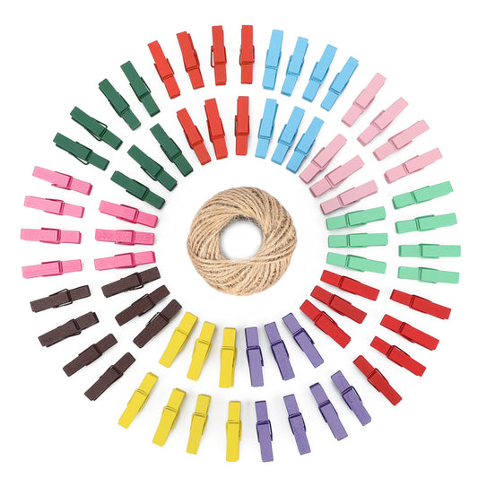 G2PLUS 100PCS Mini Wooden Pegs - 3.5cm Wooden Photo Display Clips - Tiny Wooden Clothes Pegs with 30 M Jute String for Arts and Crafts, Weddings & Events