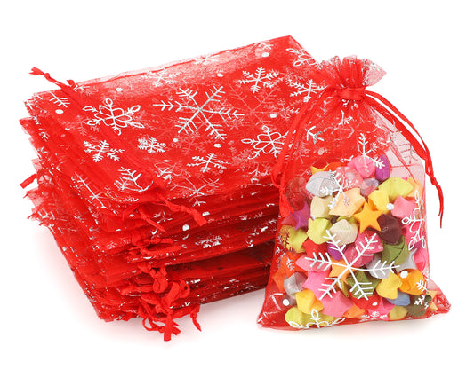 G2PLUS Red Christmas Organza Bags, 10x15CM Snowflake Organza Bags, Medium Xmas Gift Pouches for Presents, 50 PCS Xmas Snowflake Gift Pouches for Reindeer Food, Christmas, Advent Calendars