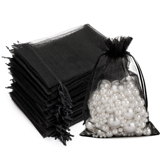 G2PLUS Black Organza Gift Pouches, 10x15 CM Medium Organza Favour Bags, 100 PCS Wedding Jewelry Bags, Clear Mesh Pouches Perfect for Wedding, Christmas, Birthday, Anniversary